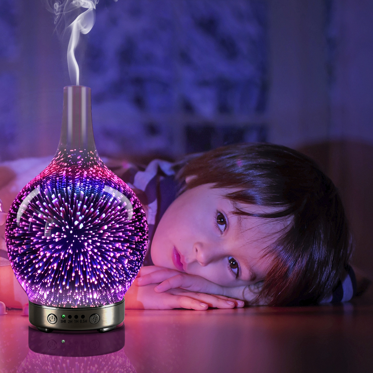 Factory Currently Available 3D Fireworks Glass Aromatherapy Machine Ultrasonic Humidifier 7 Color LED Night Light
