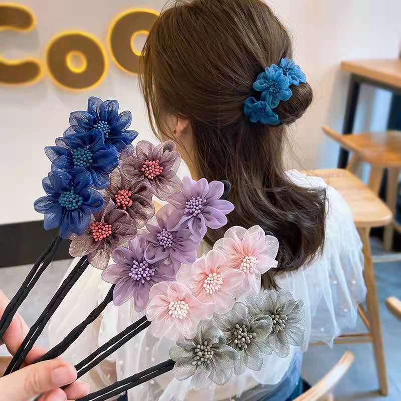New Organza Three Flowers Bun Hair Band Simple Flowers Bud Hair Band Hair Accessories Headdress Hair Stick
