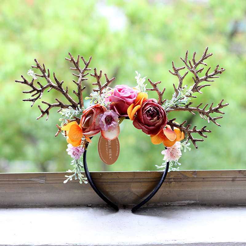 Style Antler Hairband Elk Christmas Easter Headdress Simulation Branch Flowers Adult and Children Catwalk Photography