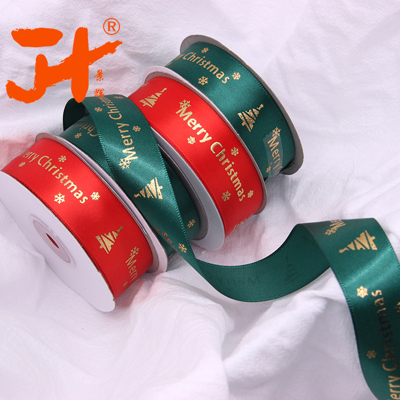 Spot Christmas Gift Ribbon 2.5cm Red Polyester Belt Bronzing Printing Merry Christmas Christmas Tree Ribbons Candy Box