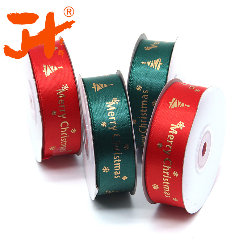 Spot Christmas Gift Ribbon 2.5cm Red Polyester Belt Bronzing Printing Merry Christmas Christmas Tree Ribbons Candy Box