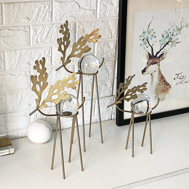 Metal Deer  Domestic Study Metal Sika Deer Crystal Ball Decoration Model Room Desktop Soft Outfit Crafts Furnishings