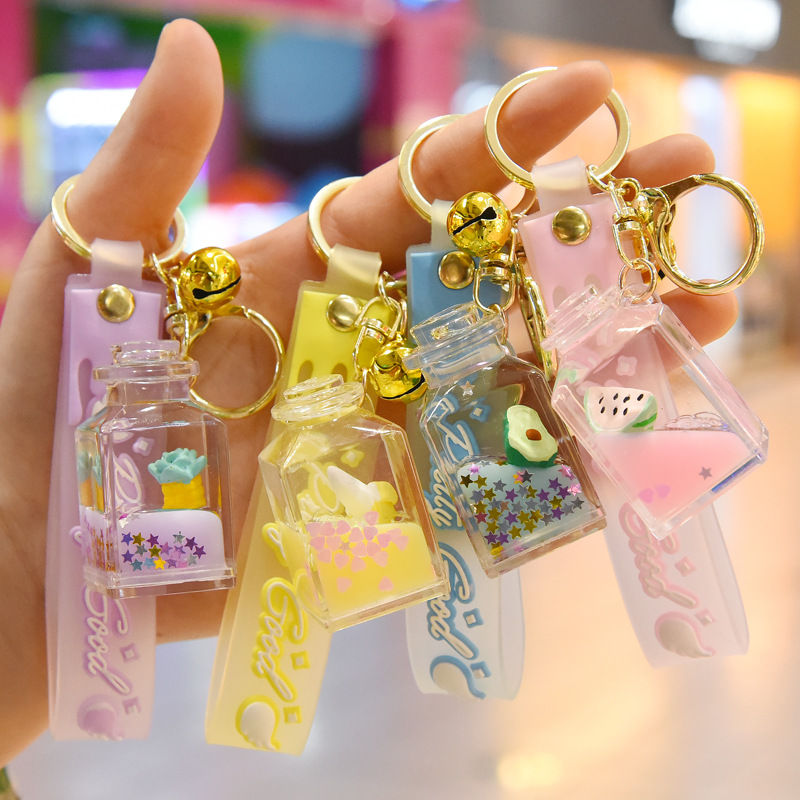 Creative Square Bottle Acrylic Fruit Oil Floating Liquid Keychain festival pendant
