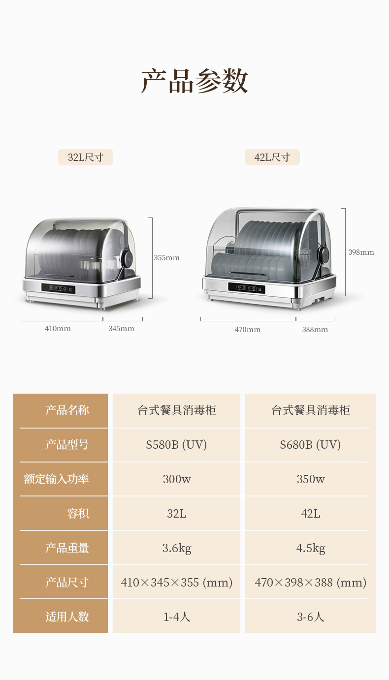Small Disinfection Cabinet Household 32/42L Desktop Bowl Chopsticks Disinfector Cleaning Cabinet
