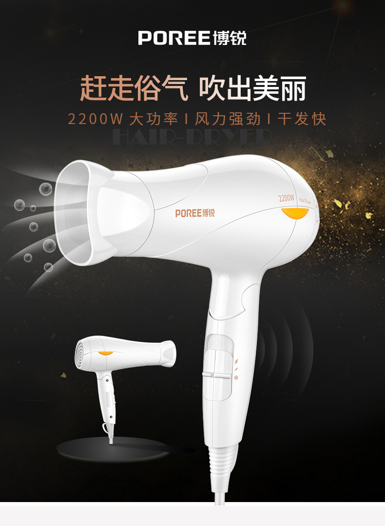 Borui Hair Dryer 2200W High Power Household Electric Blower Hair Salon Hotel Heating and Cooling Air Folding Hair Dryer