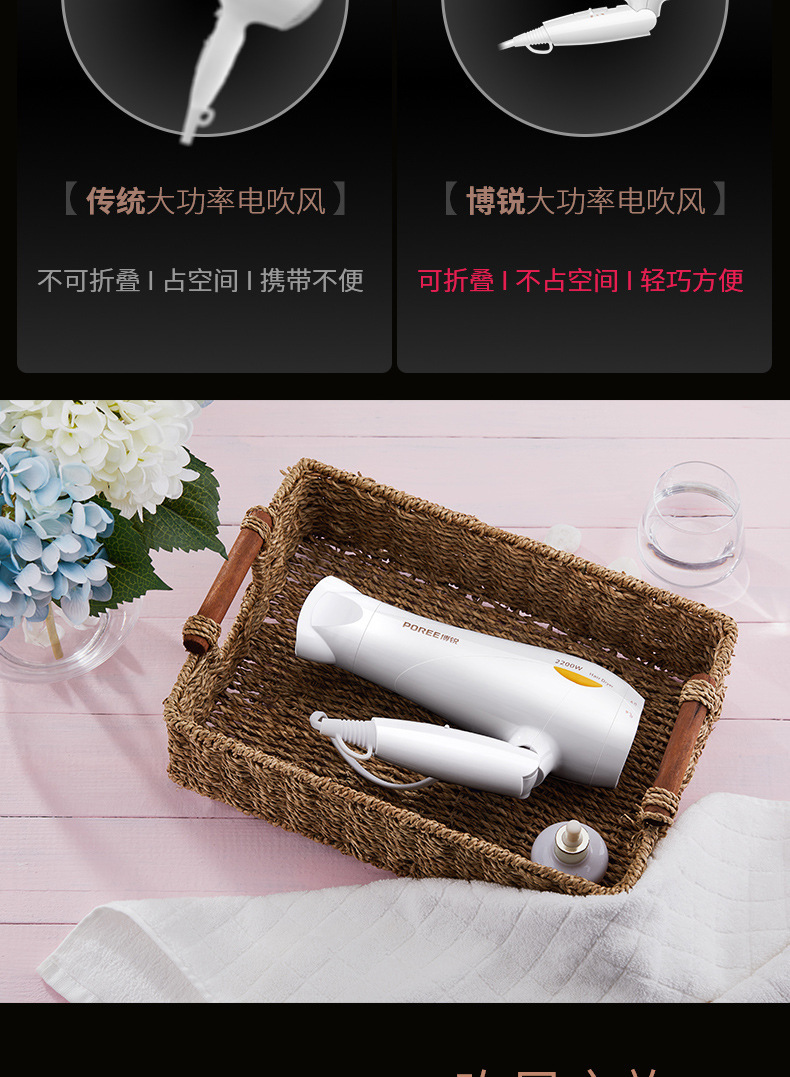 Borui Hair Dryer 2200W High Power Household Electric Blower Hair Salon Hotel Heating and Cooling Air Folding Hair Dryer