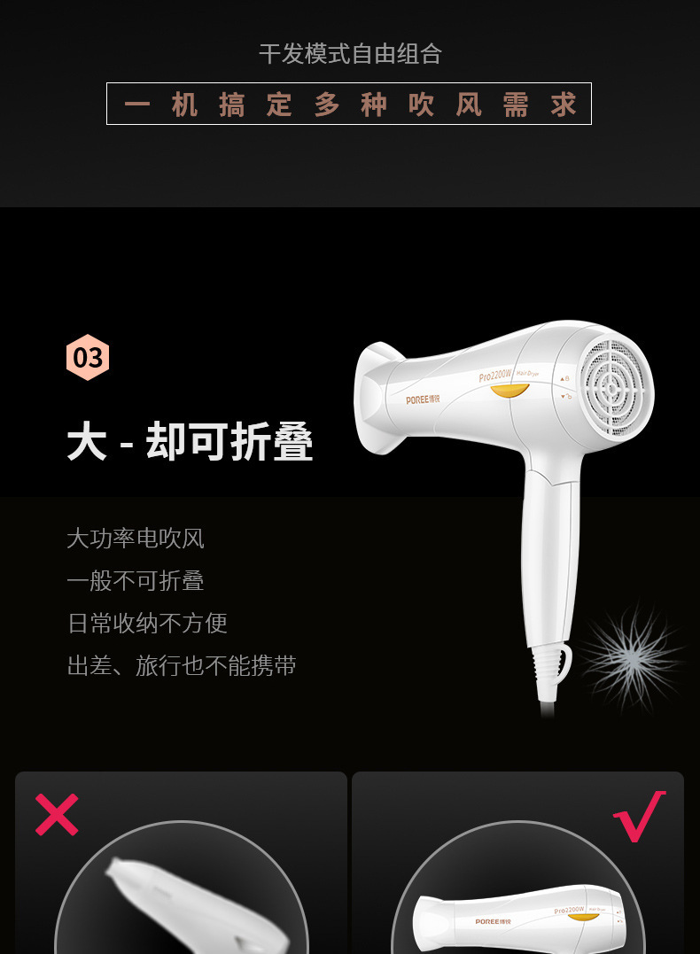 Borui Hair Dryer 2200W High Power Household Electric Blower Hair Salon Hotel Heating and Cooling Air Folding Hair Dryer