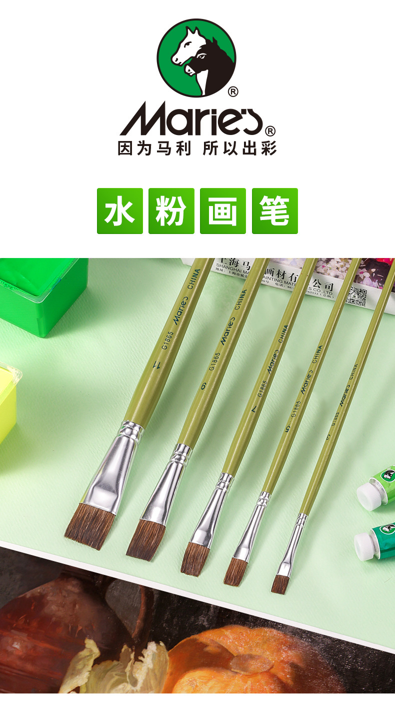 Marley G1865 Flat Horse Hair 5 PCs Water Chalk Set for Beginners Students Acrylic Painting Watercolor Brush