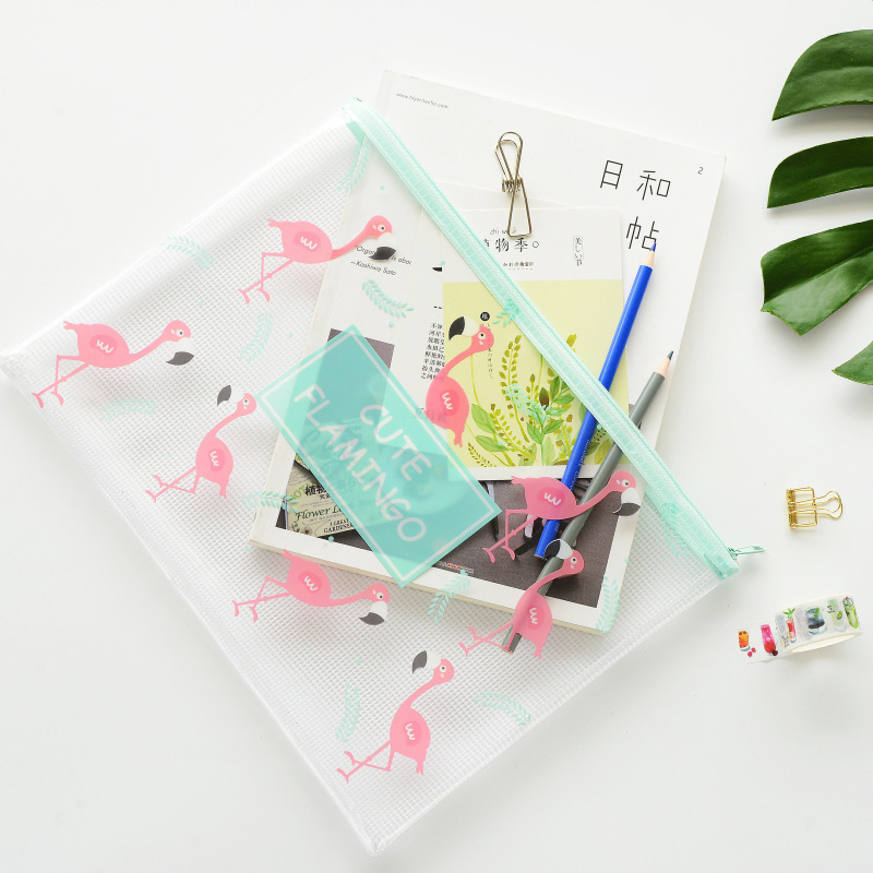 Korean pen bag student stationery flamingo MINI mesh bag creative cute cartoon file bag
