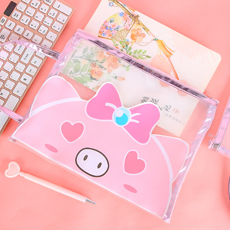 Korean edition, lovely pig gauze file bag zipper pen bag soft adorable students large capacity paper debris storage bag