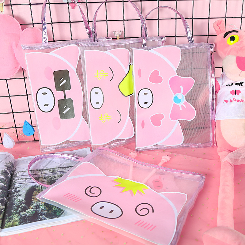 Korean edition, lovely pig gauze file bag zipper pen bag soft adorable students large capacity paper debris storage bag