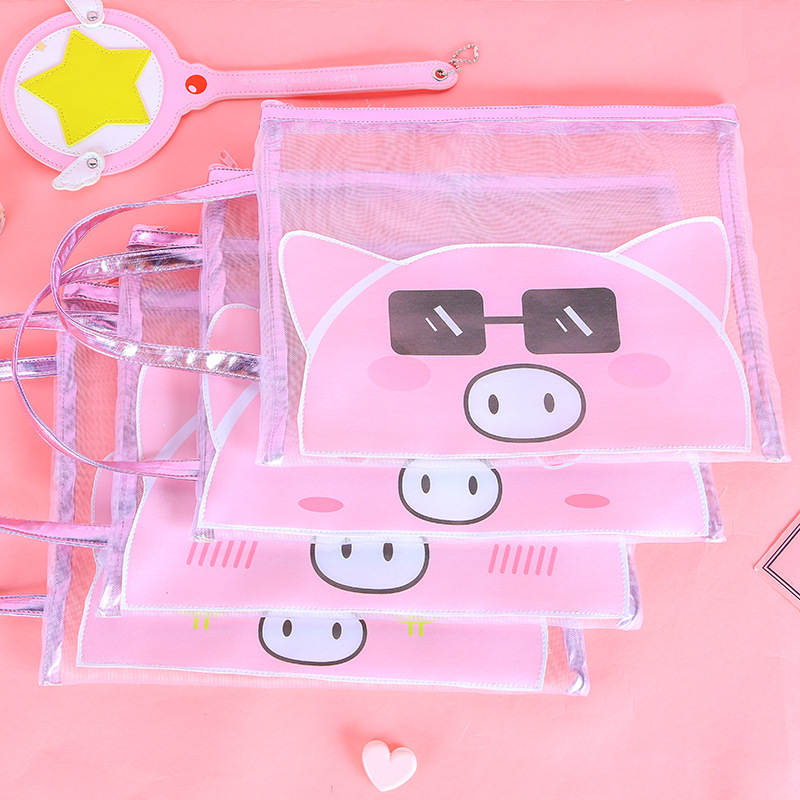 Korean edition, lovely pig gauze file bag zipper pen bag soft adorable students large capacity paper debris storage bag