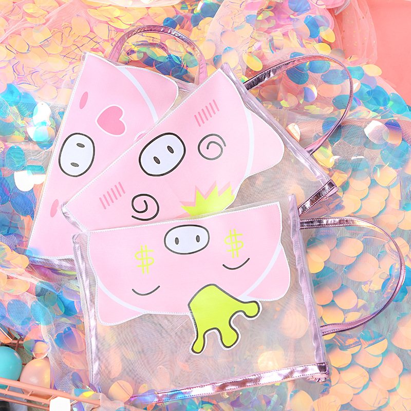 Korean edition, lovely pig gauze file bag zipper pen bag soft adorable students large capacity paper debris storage bag