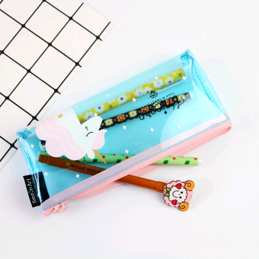 Unicorn clear pen bag ins hot style inverted trapezoid pen bag stationery bag Unicorn pen bag pvc pencil case