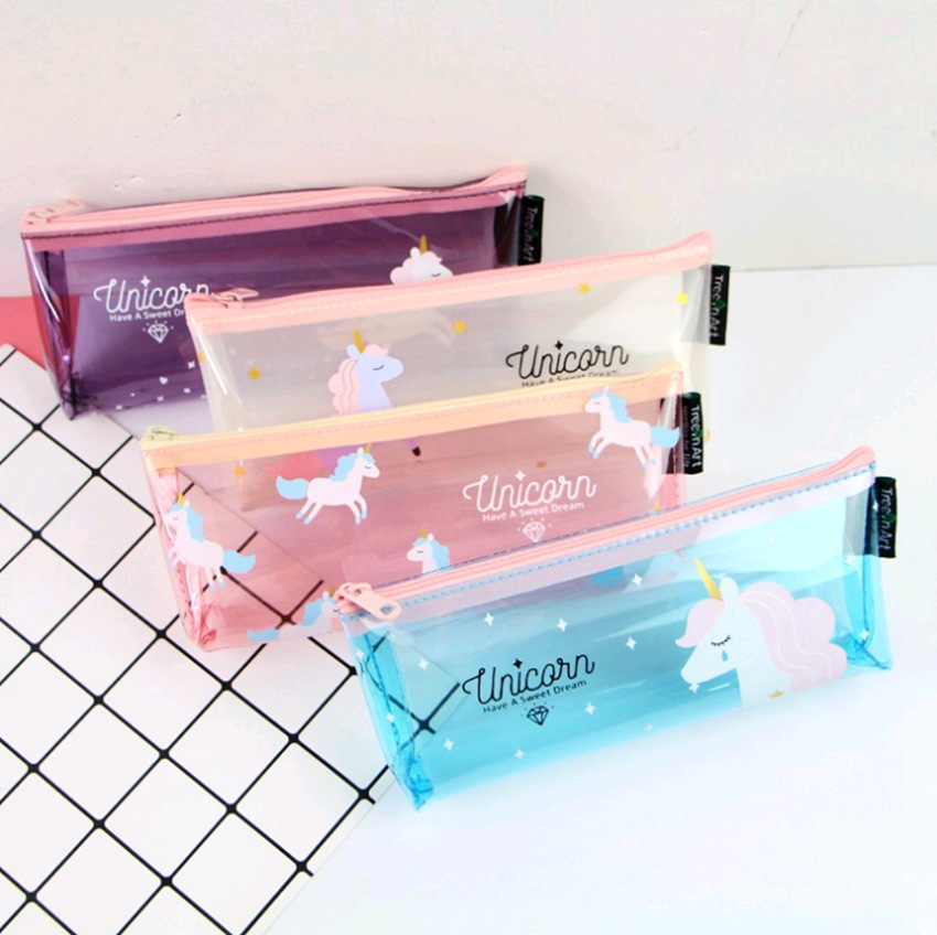 Unicorn clear pen bag ins hot style inverted trapezoid pen bag stationery bag Unicorn pen bag pvc pencil case