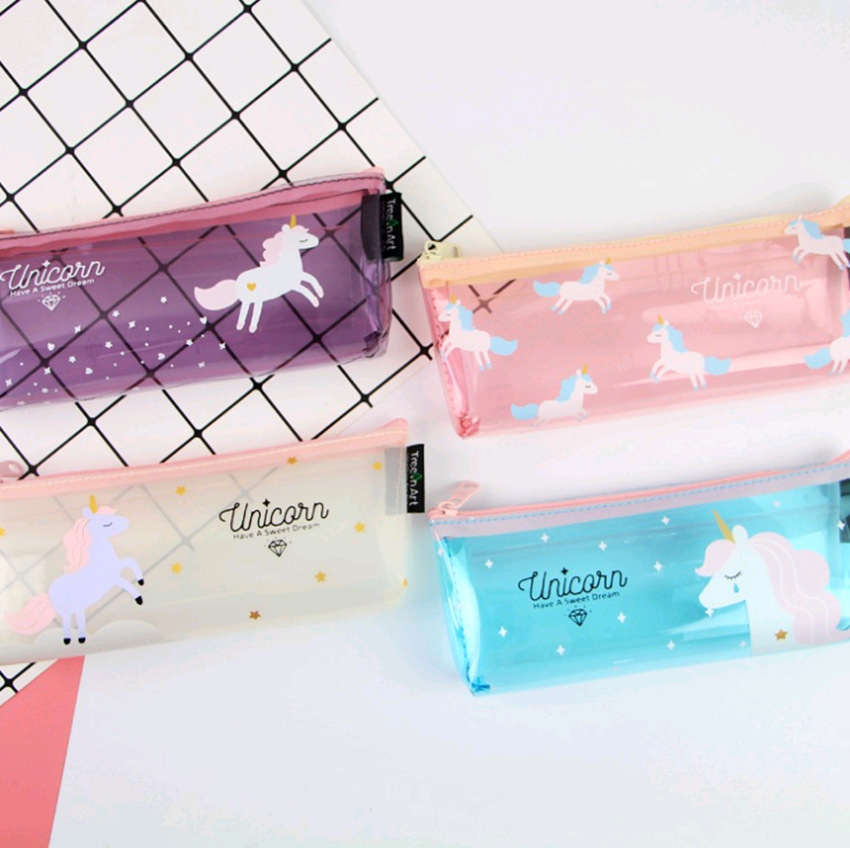 Unicorn clear pen bag ins hot style inverted trapezoid pen bag stationery bag Unicorn pen bag pvc pencil case