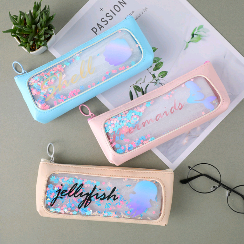 Such as wild shell pen bag mermaid pen bag PVC pu splicing pen bag cartoon pu splicing into oil quicksand pen bag