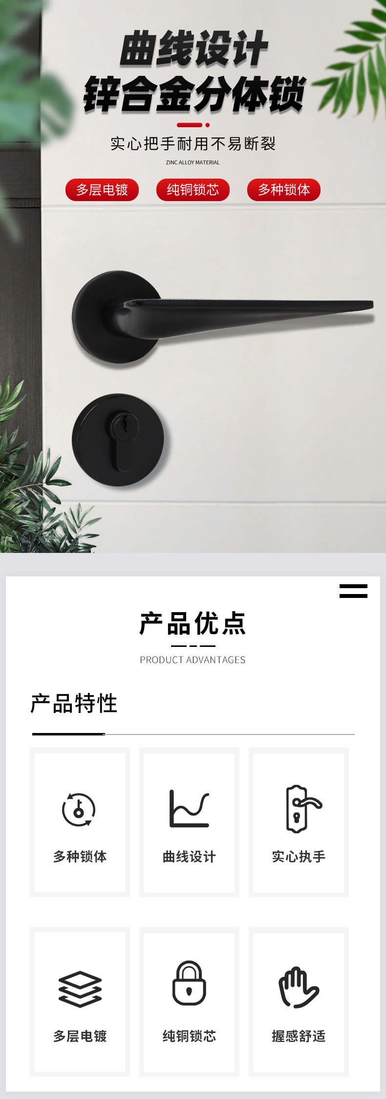Mute Split Lock Door Lock Zinc Alloy Solid Gun Black Nordic Door Lock Bedroom Door Lock Magnetic Lock