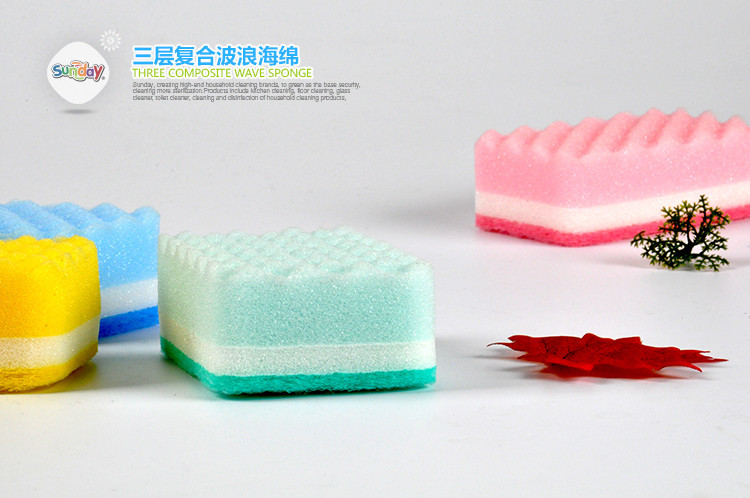 Sunday three layer wave sponge 1 pieces, kitchen cleaning products exported to Japan South Korea