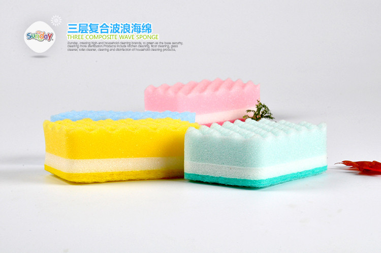 Sunday three layer wave sponge 1 pieces, kitchen cleaning products exported to Japan South Korea