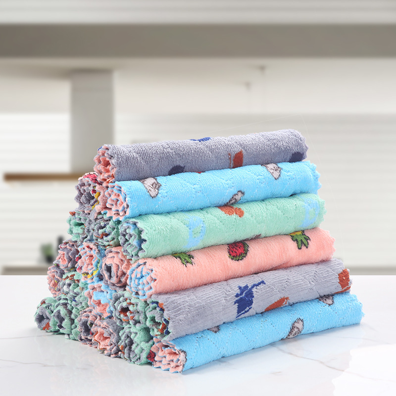 Printed Double-Sided Rag Thickened Cleaning Cloth Kitchen Cleaning Coral Fleece Scouring Pad Dish Towel kitchen towel