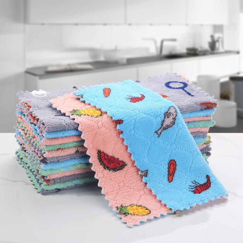 Printed Double-Sided Rag Thickened Cleaning Cloth Kitchen Cleaning Coral Fleece Scouring Pad Dish Towel kitchen towel