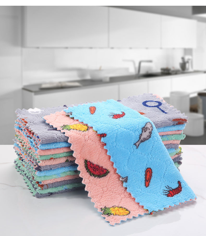 Printed Double-Sided Rag Thickened Cleaning Cloth Kitchen Cleaning Coral Fleece Scouring Pad Dish Towel kitchen towel