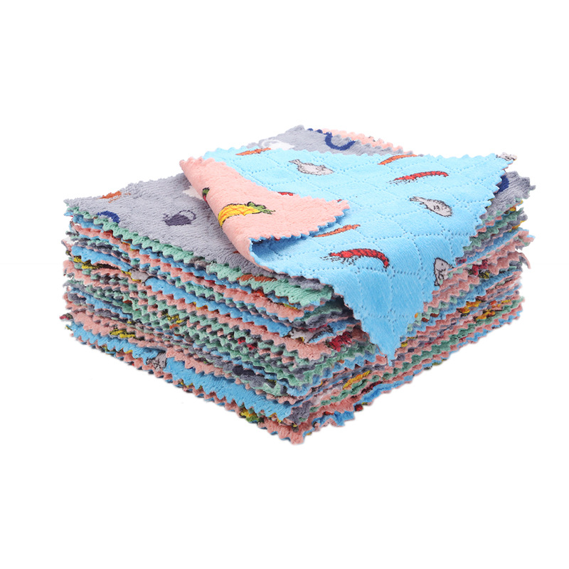 Printed Double-Sided Rag Thickened Cleaning Cloth Kitchen Cleaning Coral Fleece Scouring Pad Dish Towel kitchen towel
