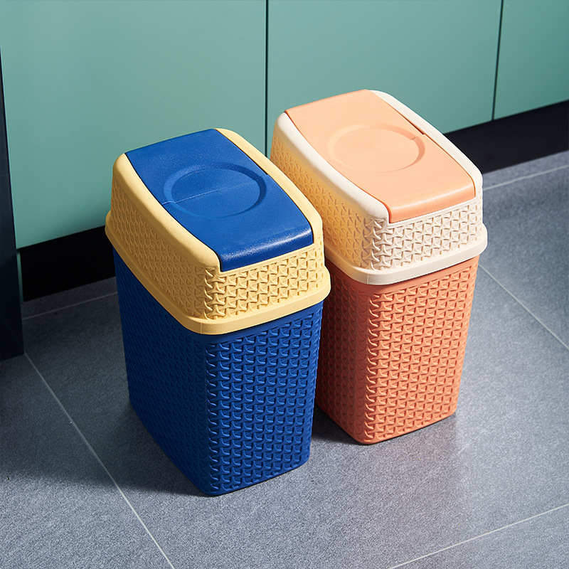 Nordic Style Woven Shape with Lid Storage Plastic Bucket Home Kitchen Living Room Bedroom Trash Can with Lid