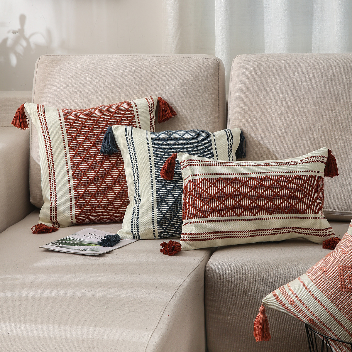 Pillow Amazon Home Ins Nordic Cut Flower Yarn-Dyed Woven Geometric Tassel Pillow Cover North America Cushion Cover