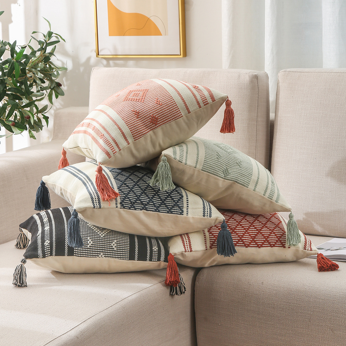 Pillow Amazon Home Ins Nordic Cut Flower Yarn-Dyed Woven Geometric Tassel Pillow Cover North America Cushion Cover