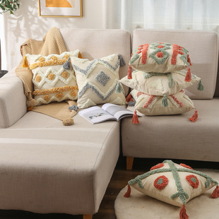 Pillow Amazon Home Ins Nordic Cut Flower Yarn-Dyed Woven Geometric Tassel Pillow Cover North America Cushion Cover