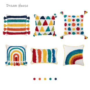 Pillow Amazon Home Ins Nordic Cut Flower Yarn-Dyed Woven Geometric Tassel Pillow Cover North America Cushion Cover