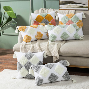 Pillow Amazon Home Ins Nordic Cut Flower Yarn-Dyed Woven Geometric Tassel Pillow Cover North America Cushion Cover