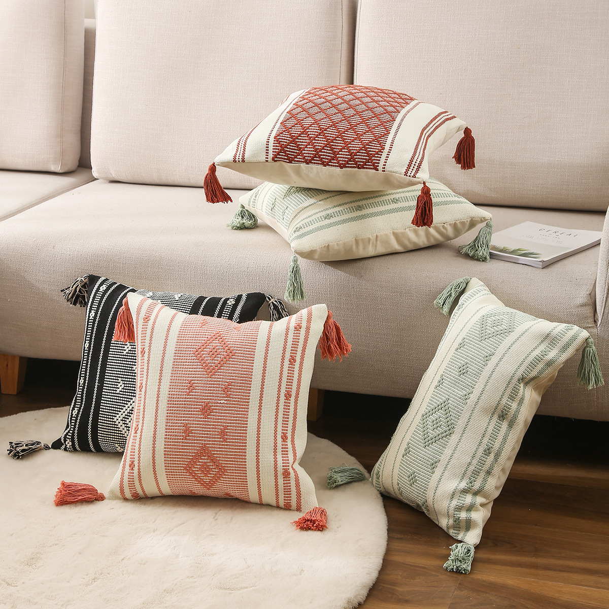 Pillow Amazon Home Ins Nordic Cut Flower Yarn-Dyed Woven Geometric Tassel Pillow Cover North America Cushion Cover