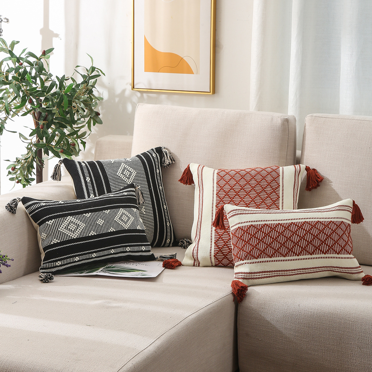Pillow Amazon Home Ins Nordic Cut Flower Yarn-Dyed Woven Geometric Tassel Pillow Cover North America Cushion Cover