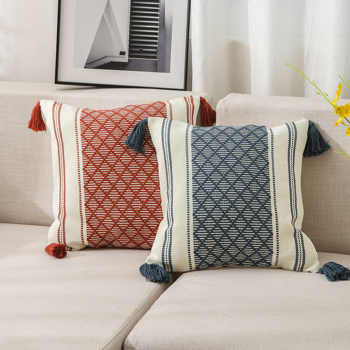 Pillow Amazon Home Ins Nordic Cut Flower Yarn-Dyed Woven Geometric Tassel Pillow Cover North America Cushion Cover