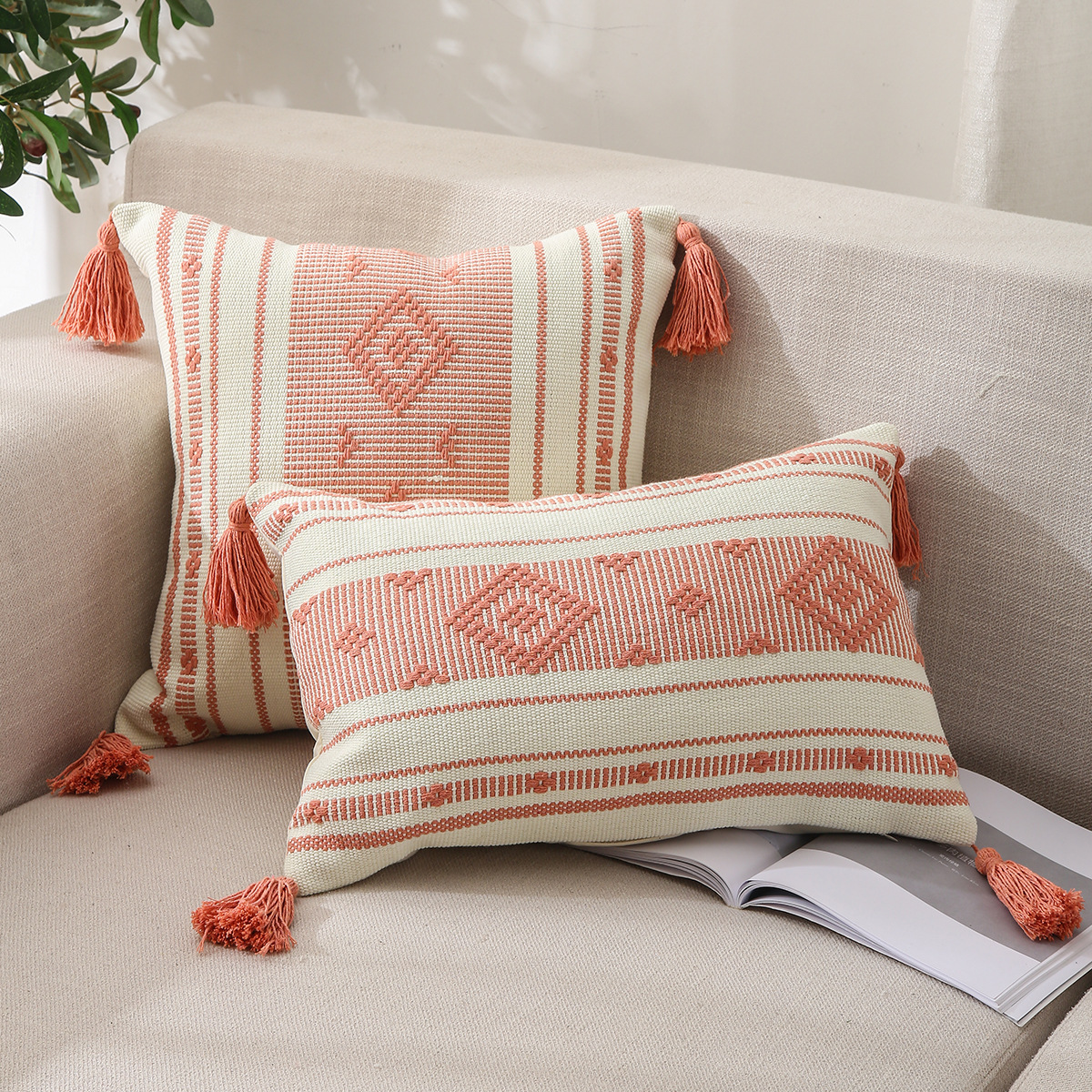 Pillow Amazon Home Ins Nordic Cut Flower Yarn-Dyed Woven Geometric Tassel Pillow Cover North America Cushion Cover