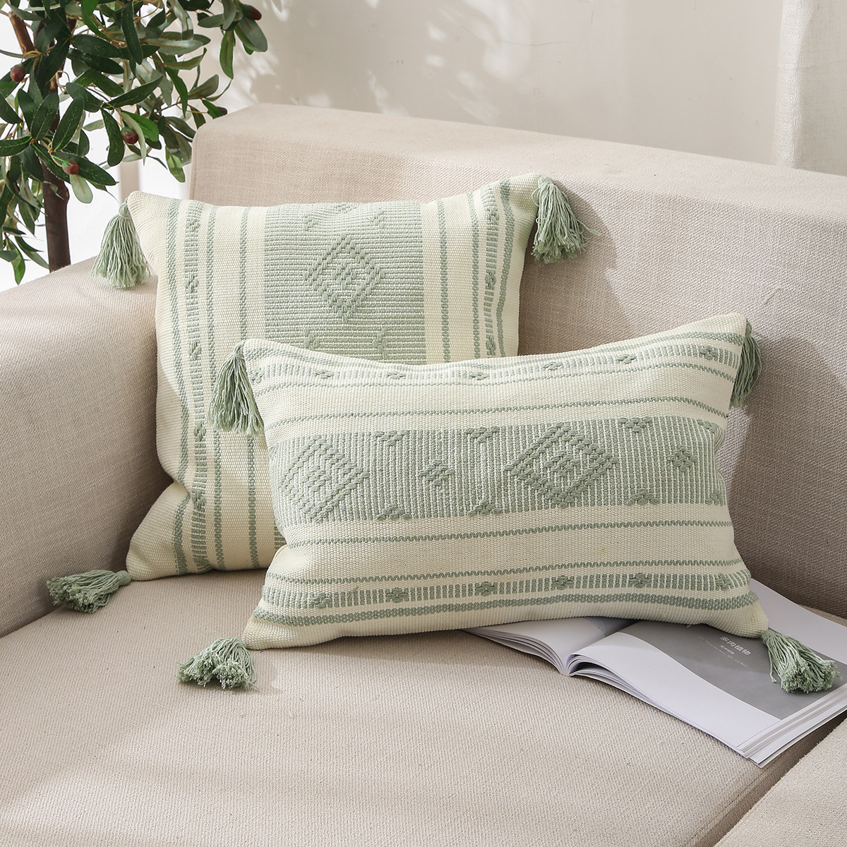 Pillow Amazon Home Ins Nordic Cut Flower Yarn-Dyed Woven Geometric Tassel Pillow Cover North America Cushion Cover