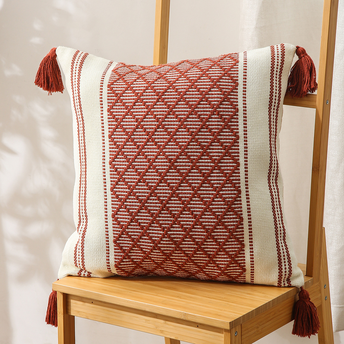 Pillow Amazon Home Ins Nordic Cut Flower Yarn-Dyed Woven Geometric Tassel Pillow Cover North America Cushion Cover