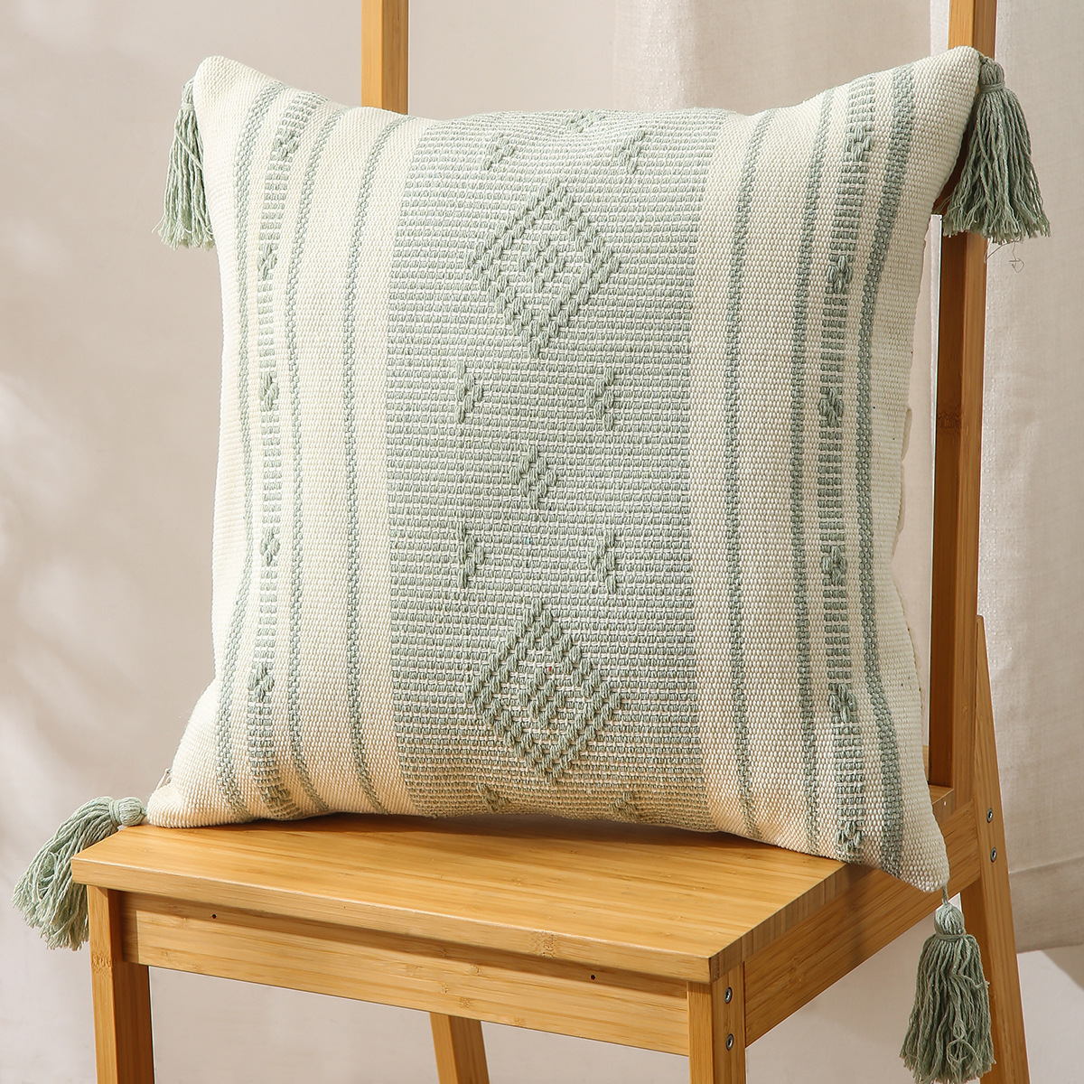 Pillow Amazon Home Ins Nordic Cut Flower Yarn-Dyed Woven Geometric Tassel Pillow Cover North America Cushion Cover