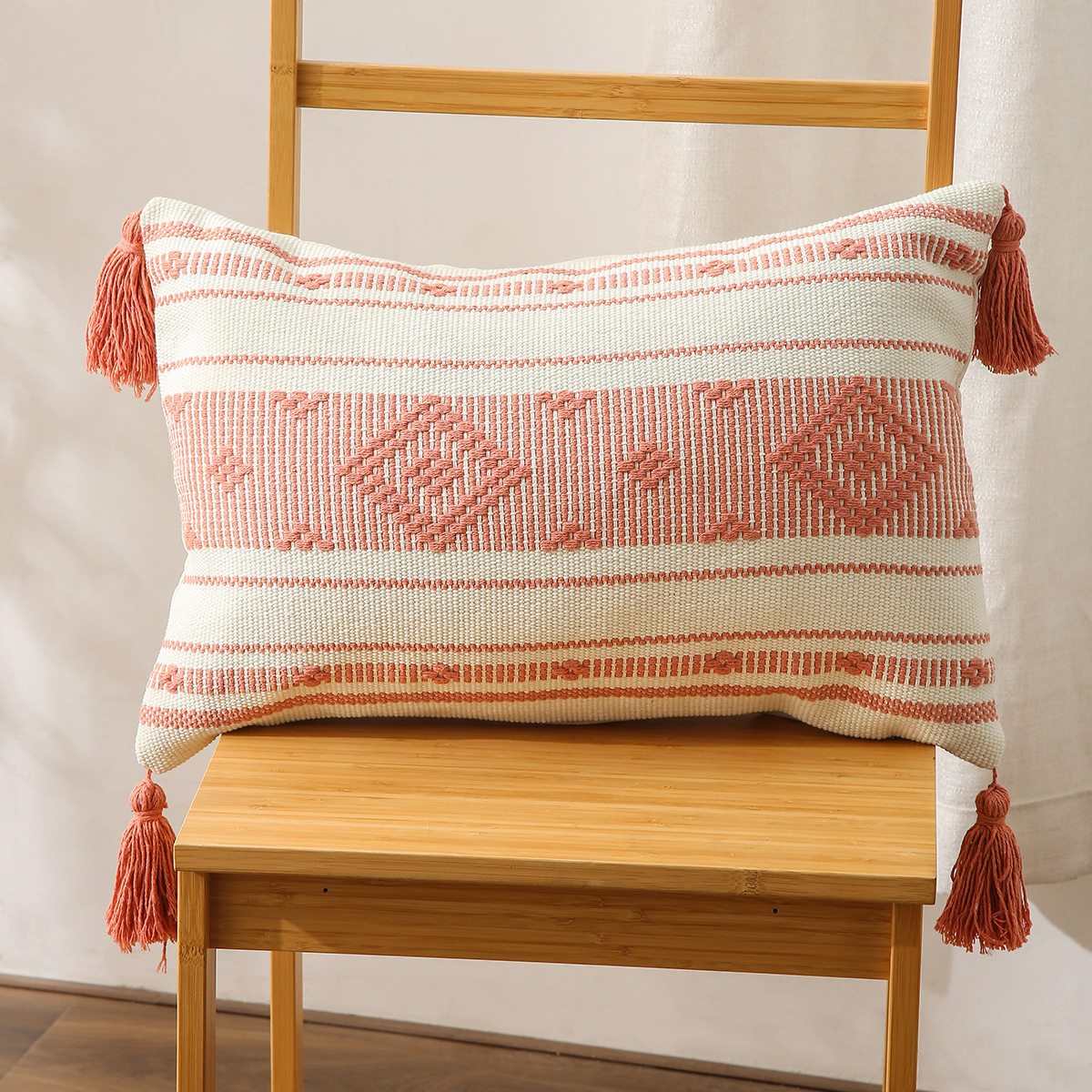 Pillow Amazon Home Ins Nordic Cut Flower Yarn-Dyed Woven Geometric Tassel Pillow Cover North America Cushion Cover