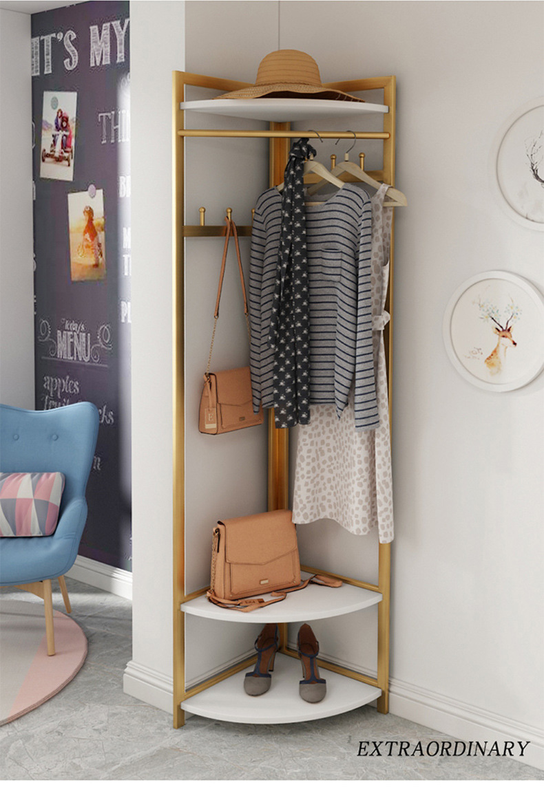 Nordic Iron Coat Rack Bedroom Floor Clothes Hanger Corner Clothes Rack Pannier Bag Simple Wooden Hanger Floor