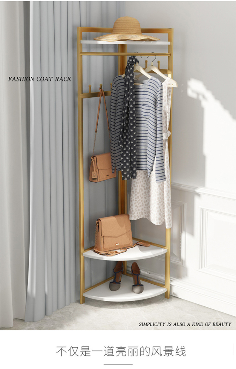 Nordic Iron Coat Rack Bedroom Floor Clothes Hanger Corner Clothes Rack Pannier Bag Simple Wooden Hanger Floor