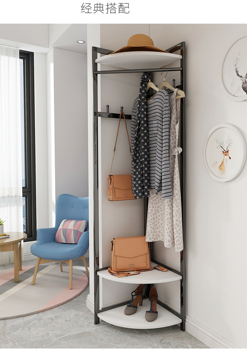 Nordic Iron Coat Rack Bedroom Floor Clothes Hanger Corner Clothes Rack Pannier Bag Simple Wooden Hanger Floor