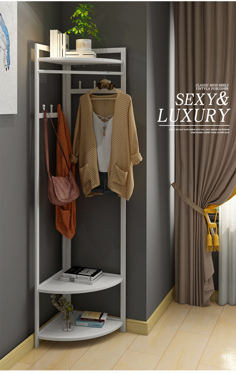 Nordic Iron Coat Rack Bedroom Floor Clothes Hanger Corner Clothes Rack Pannier Bag Simple Wooden Hanger Floor