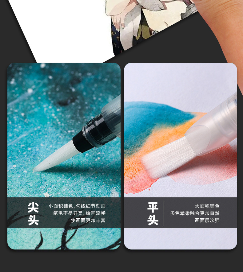 6 Tap Water Pen Set Art Solid Watercolor Brush Soft Bristle Pointed Water Soluble Calligraphy painting