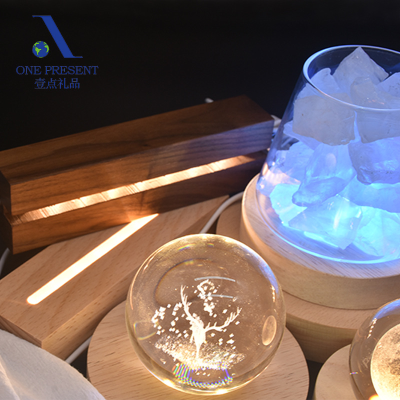 round Crystal Luminous Wooden Base Solid Wood Led Small Night Lamp Base USB Power Small Crystal Crafts