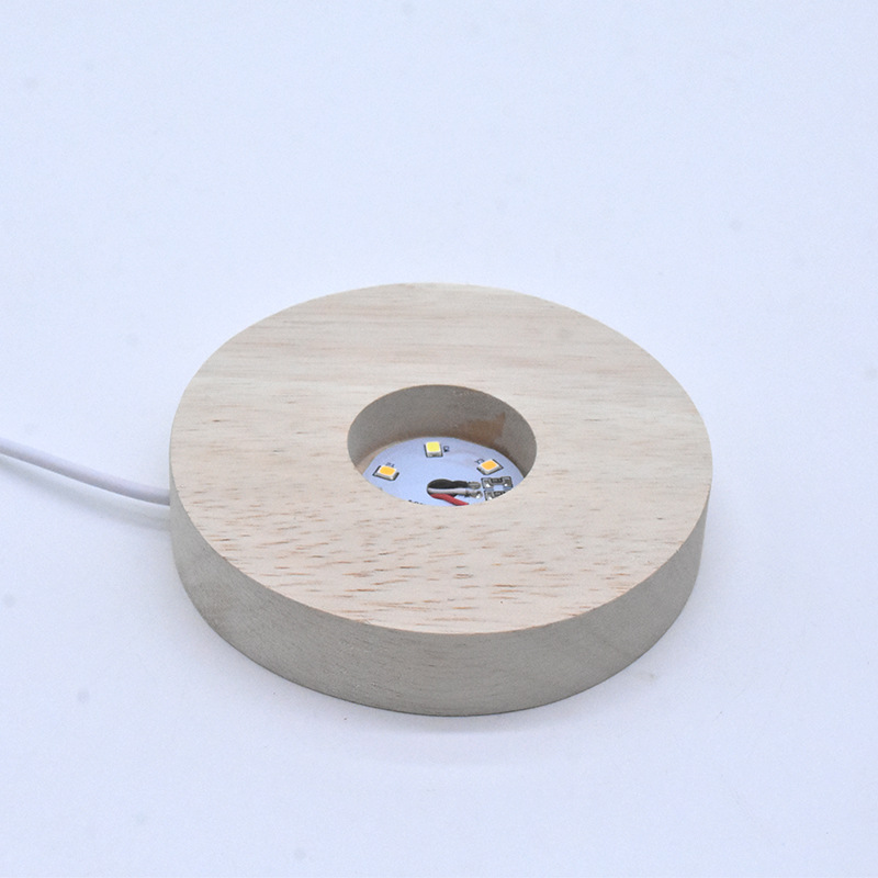 round Crystal Luminous Wooden Base Solid Wood Led Small Night Lamp Base USB Power Small Crystal Crafts