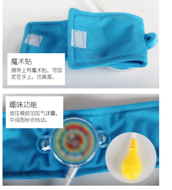 A child&#039;s imitation family doctor&#039;s toy takes blood pressure of a little doctor and nurse